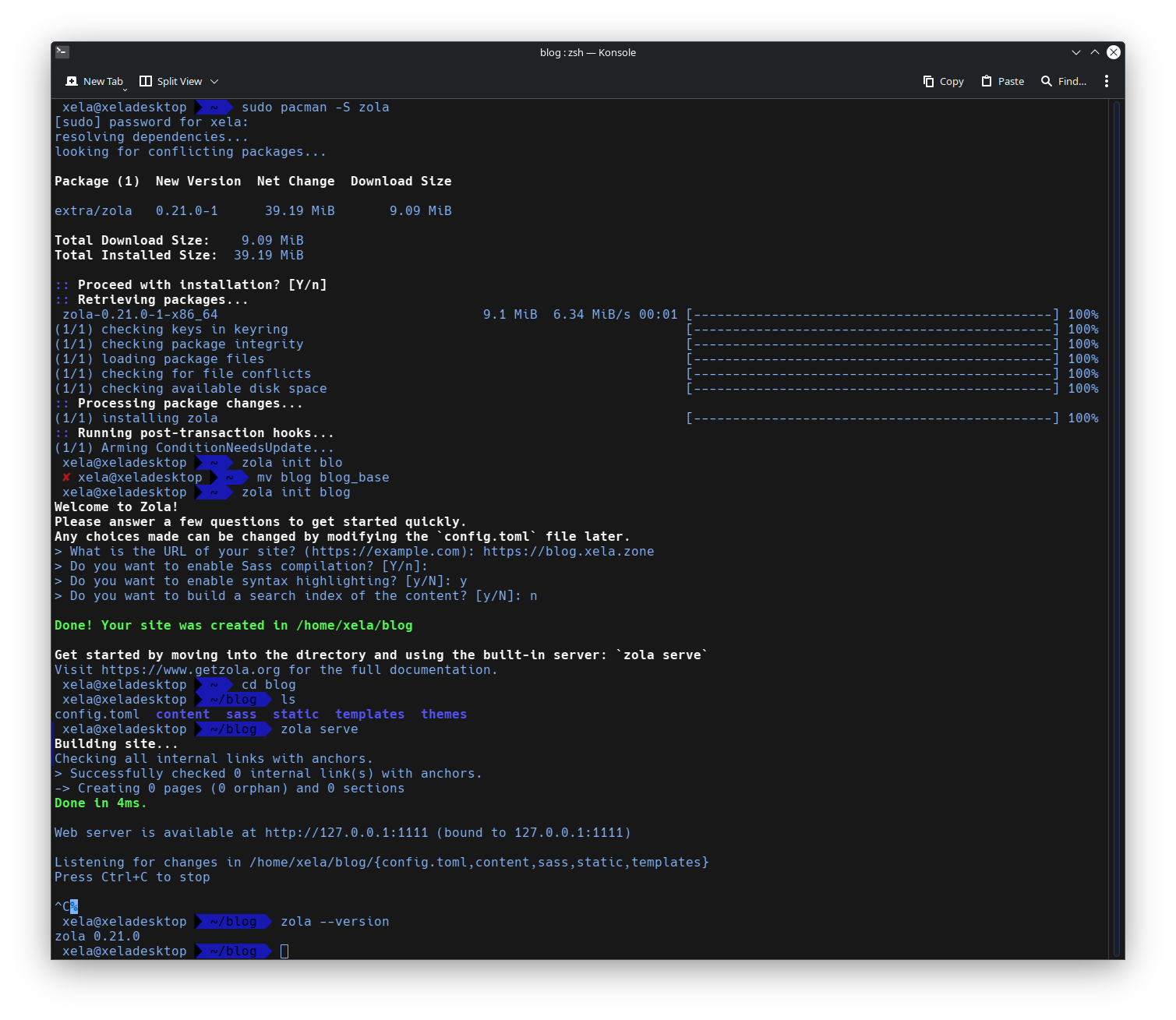 terminal screenshot of installing zola using pacman -S zola, followed by setting up the repository